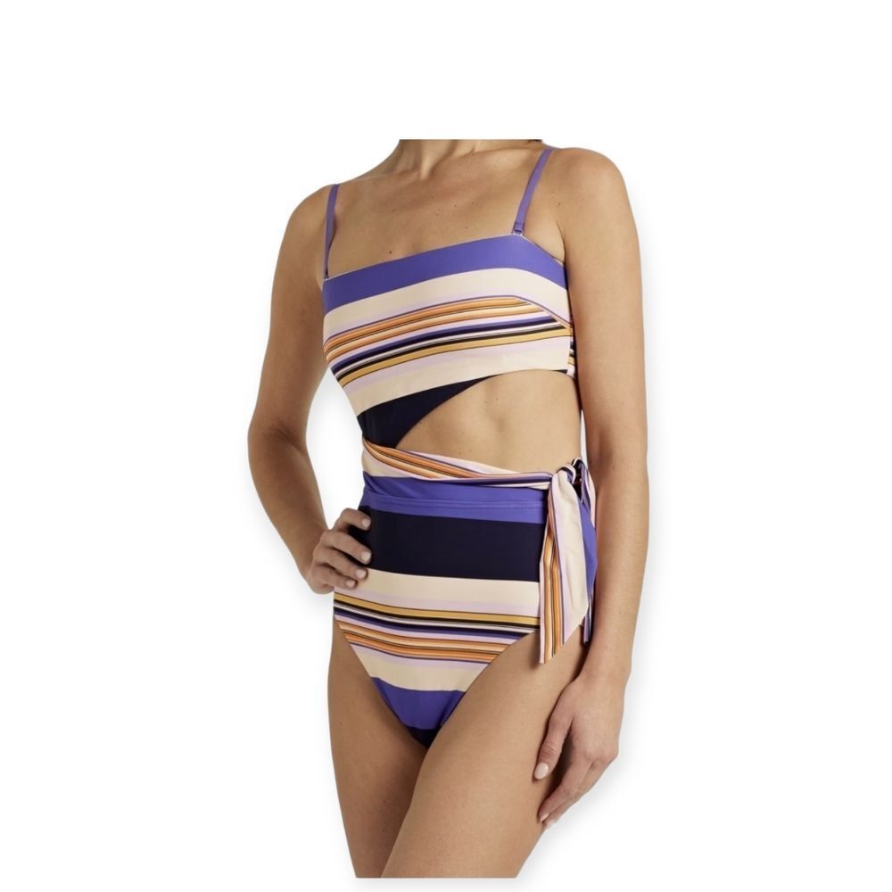 Zimmermann Multicolor Purple Black‎ cutout striped bandaeu swimsuit Size 4 NWT